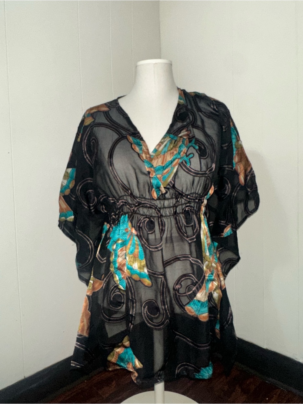 Vtg Y2K  Dream Mandee Sheer Chiffon Tunic Top Boho Butterfly Sleeve